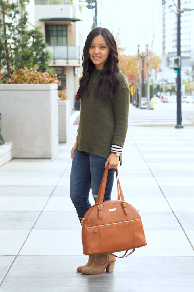 olive sweater + striped tee + distressed jeans + ankle boots