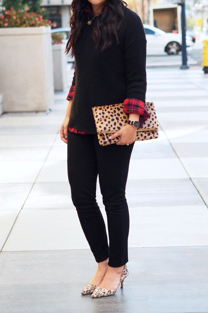 Red Plaid Button Up + Black Sweater + Leopard Print Accessories