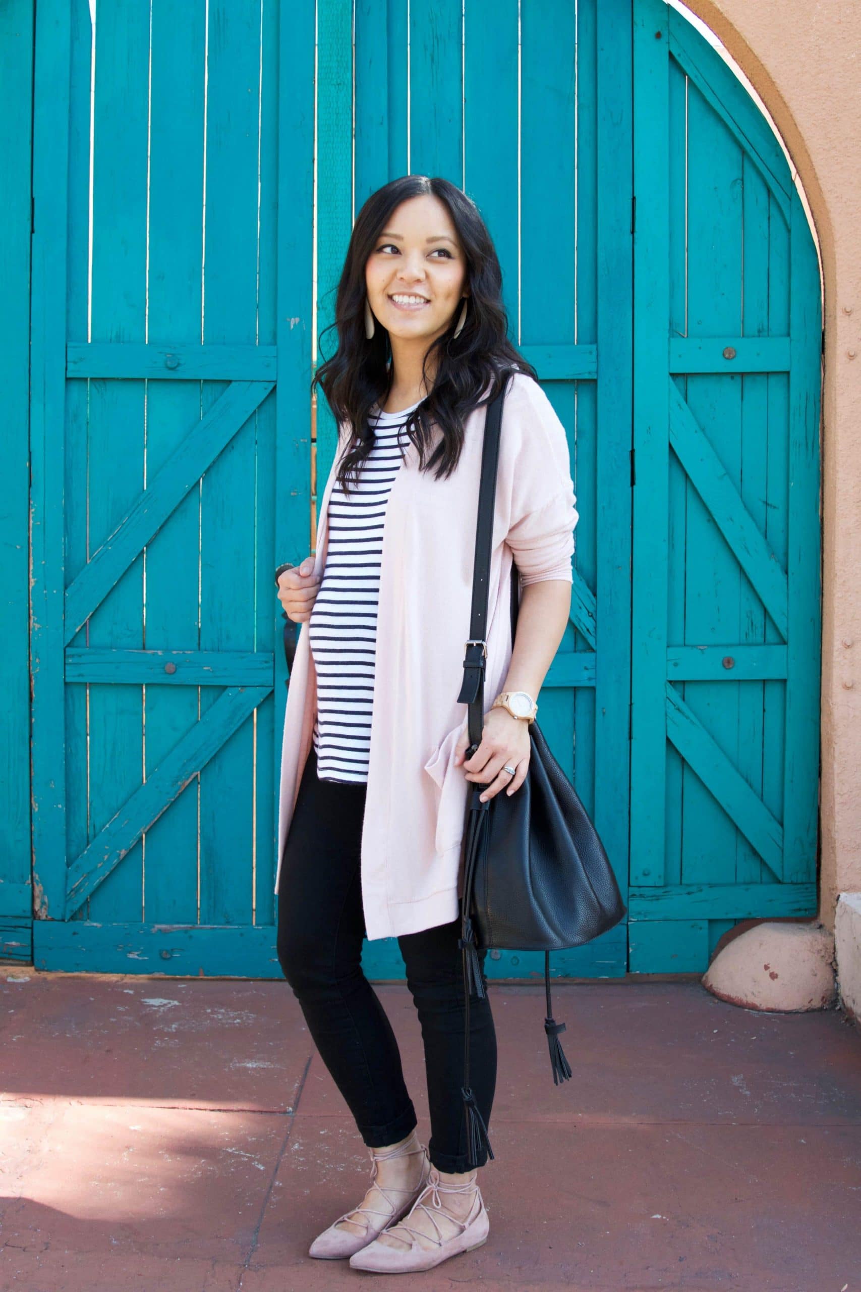 Blush Cardigan Striped Tee Black Pants 