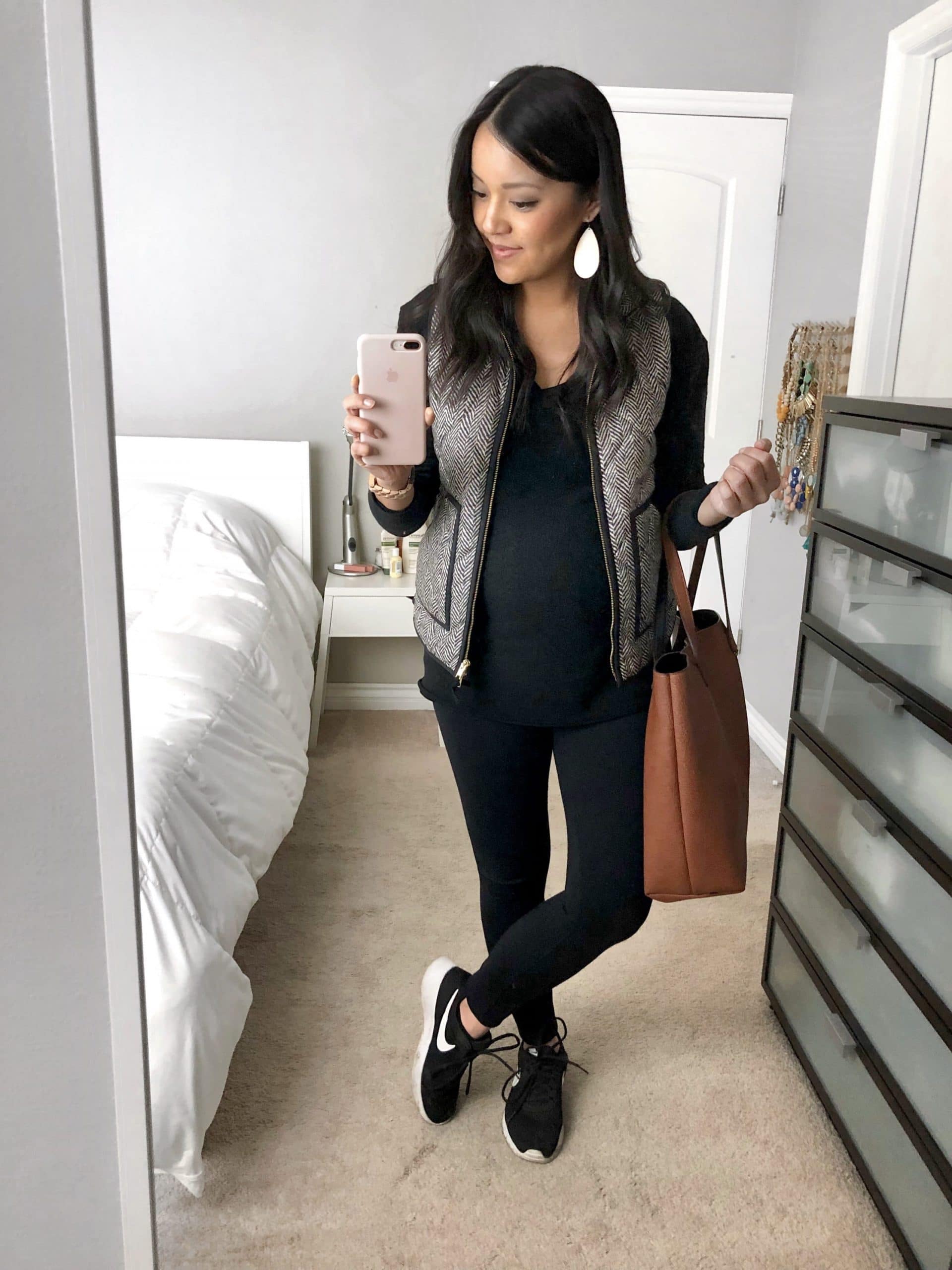 black sweater herringbone vest leggings 