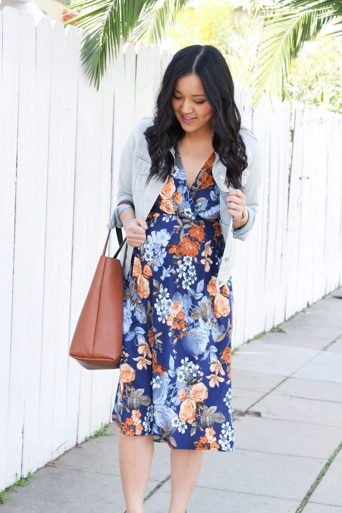 floral midi dress with jean jacket Putting Me Together