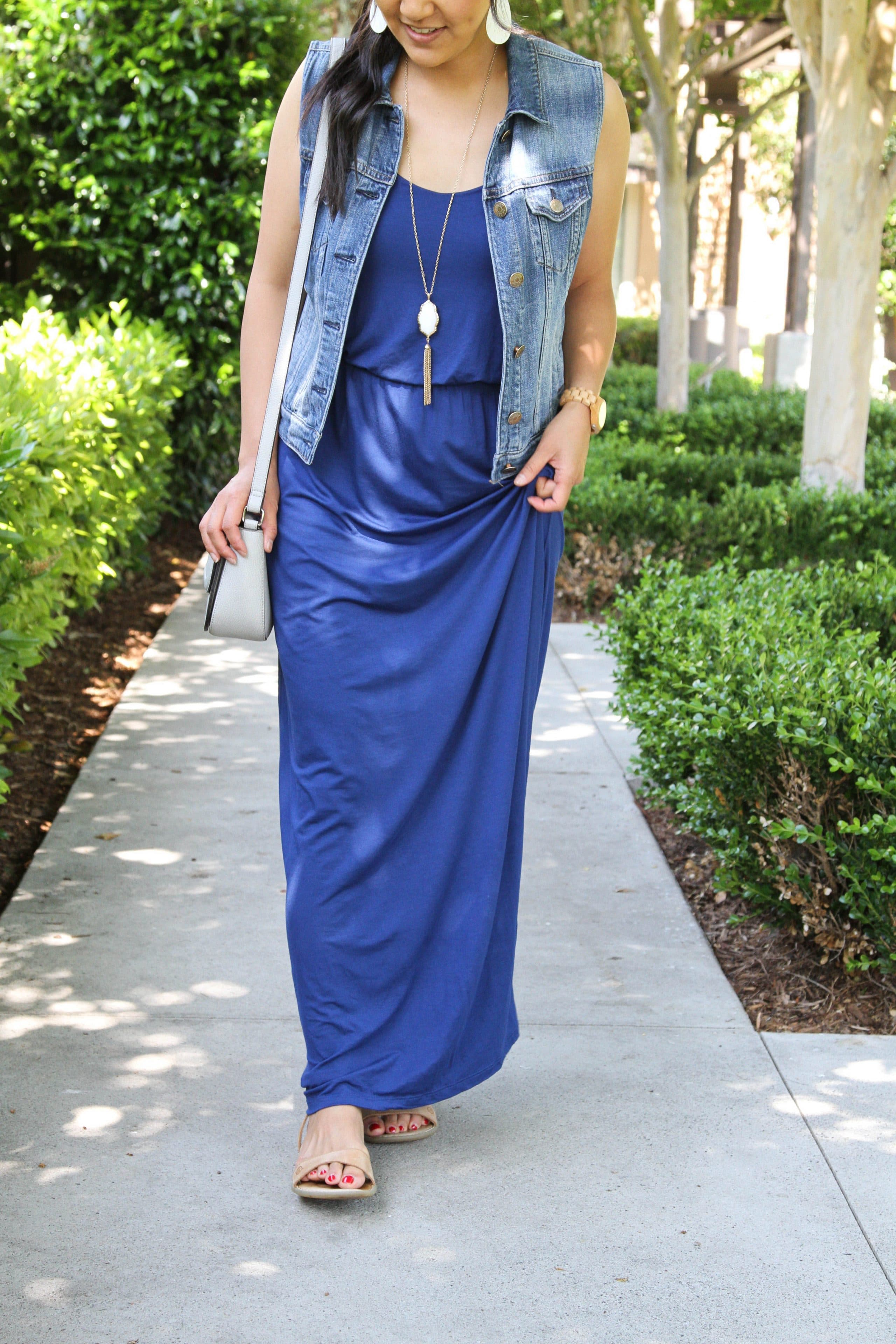 Blue Maxi +Nude Sandals + Denim Vest + Gray Bag
