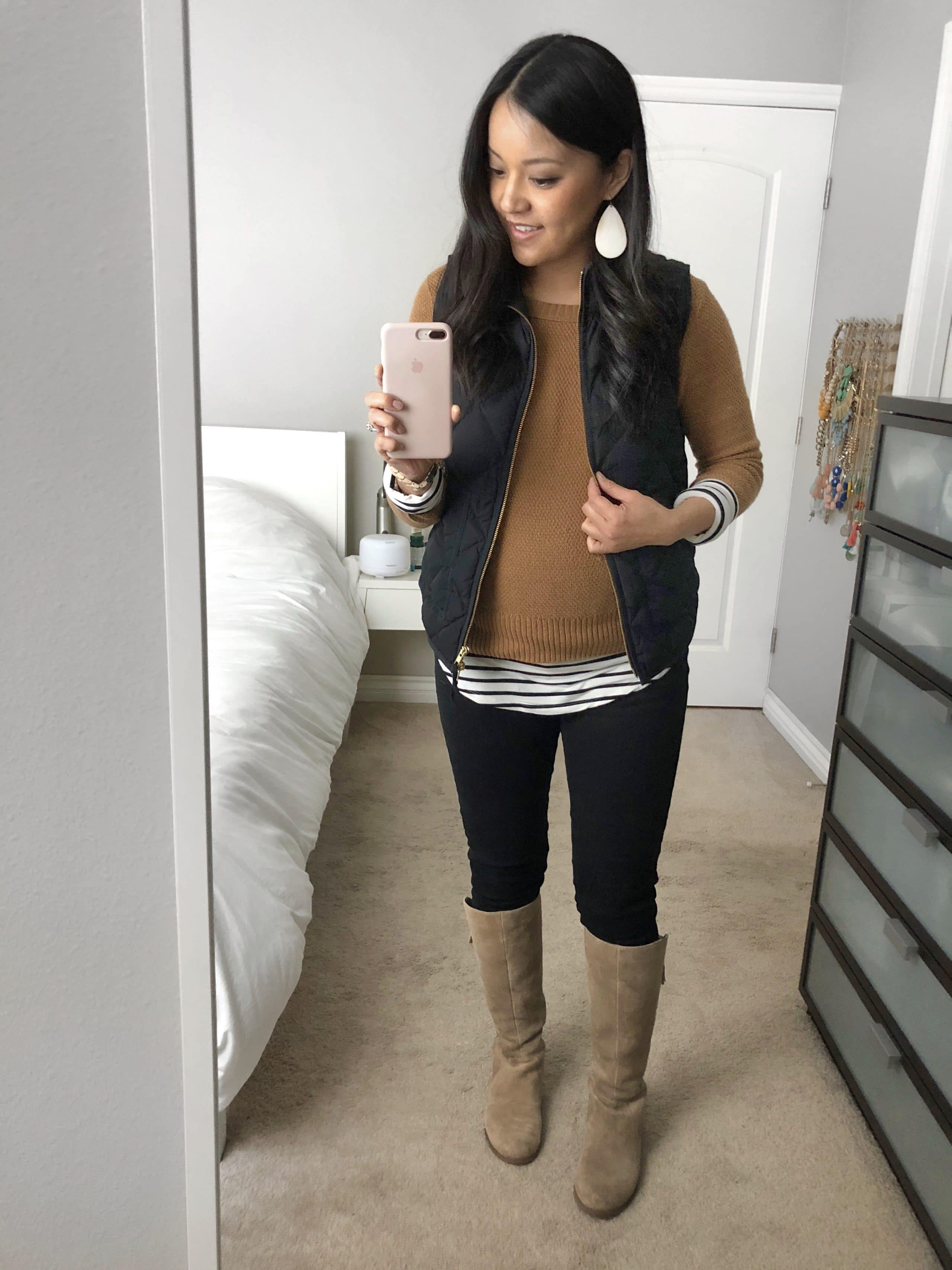 black jeans tan sweater stripes black quilted vest Putting Me Together