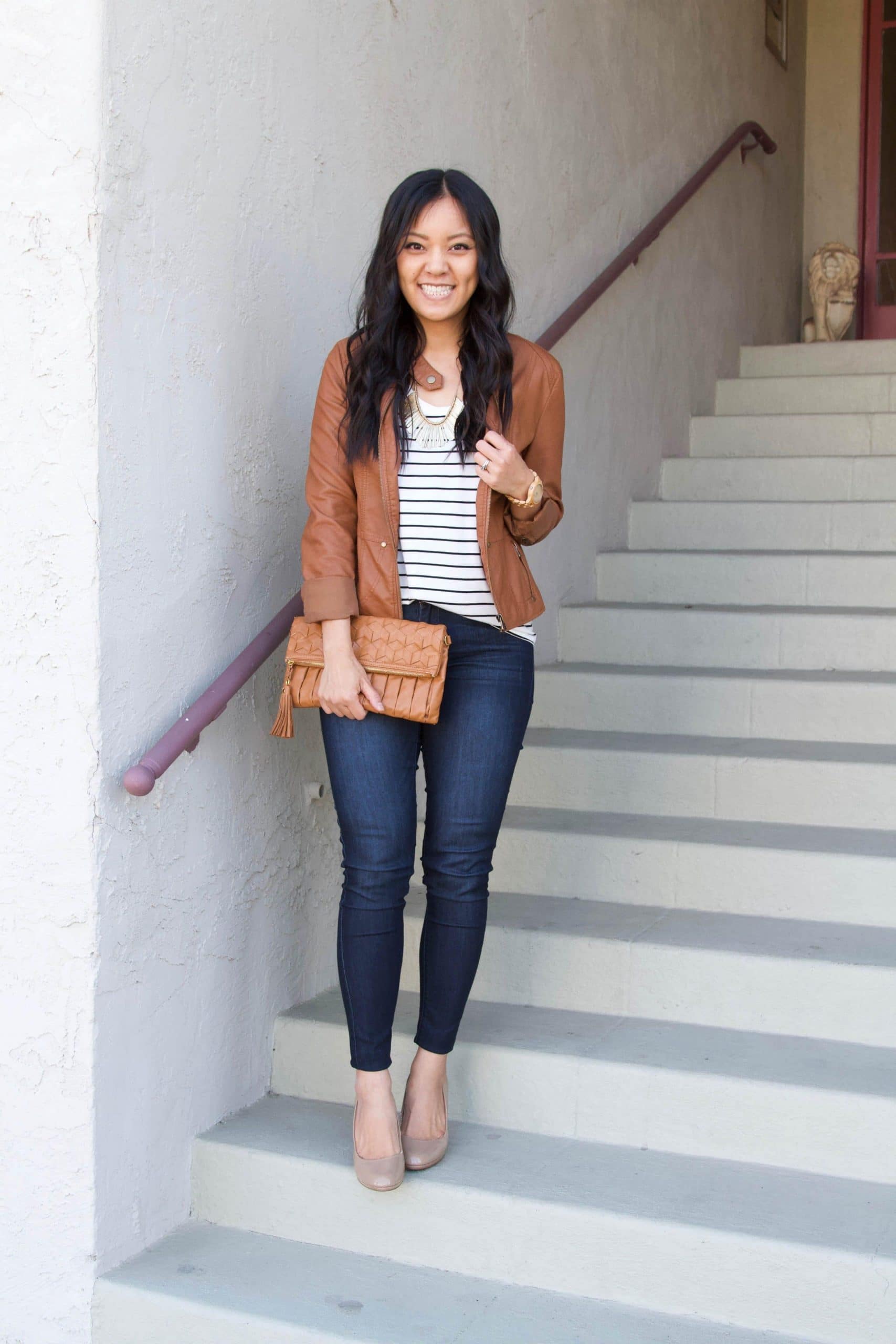 Striped Tee, Skinny Jeans, Brown Jacket 
