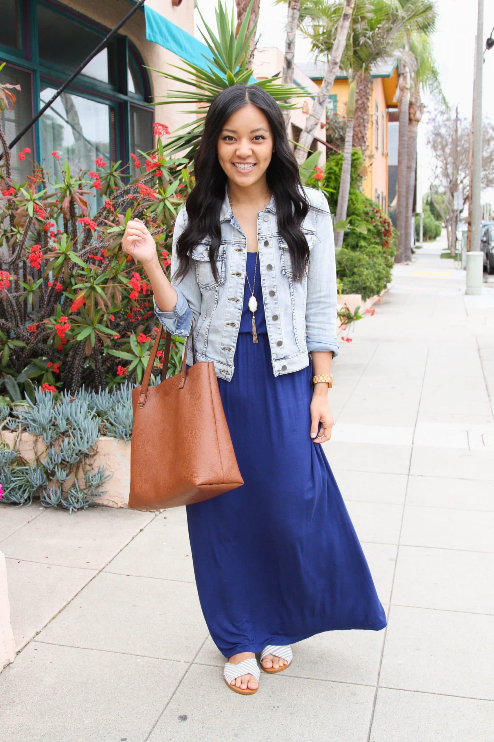 blue maxi dress, denim jacket, brown 