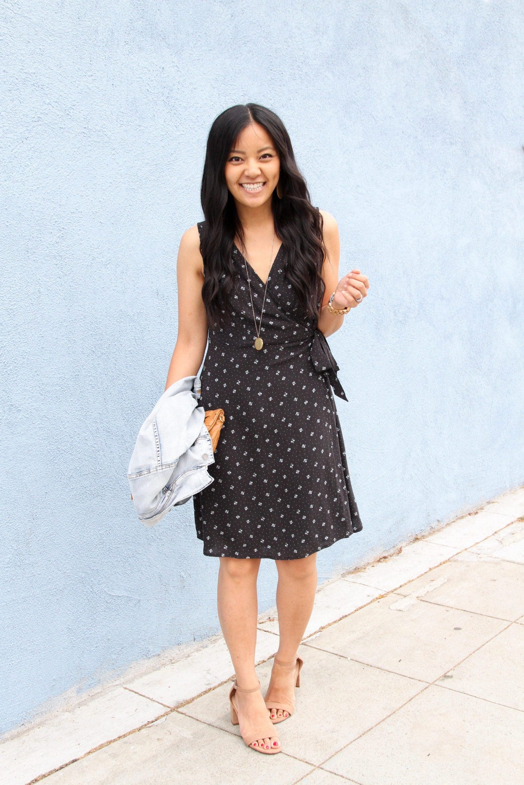 black floral wrap dress, taupe block 
