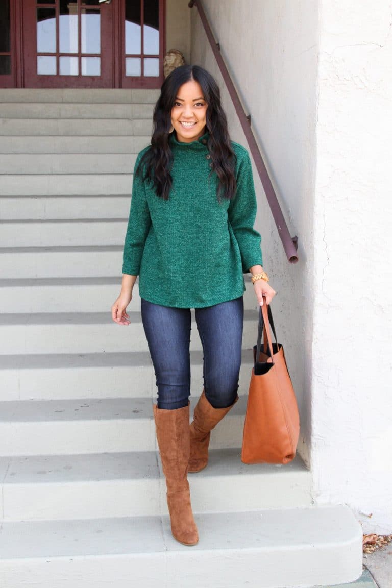 green sweater, skinny jeans, brown suede boots, cognac tote outfit 5